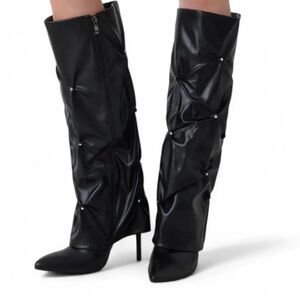 Cider | Women's Black & Rhinestone Knee-High Ruched Stiletto Boots | 10
